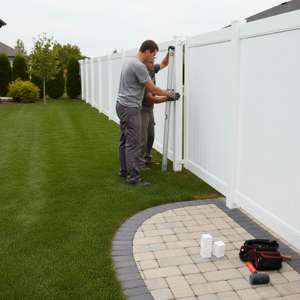 Side-angle scene of vinyl fence panels being installed beside interlocking paver path in Mississauga
