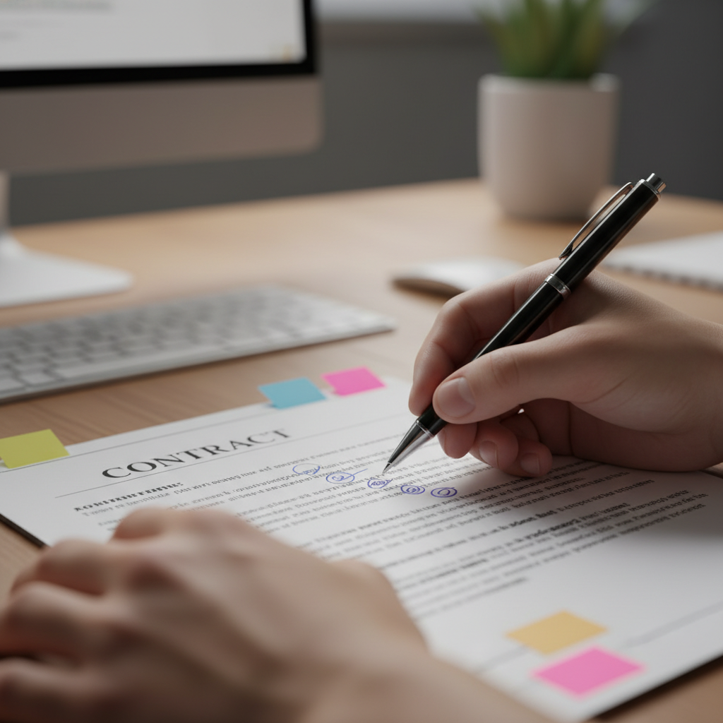 Close-up contract review legal services with annotated clauses and sticky flags for Toronto clients