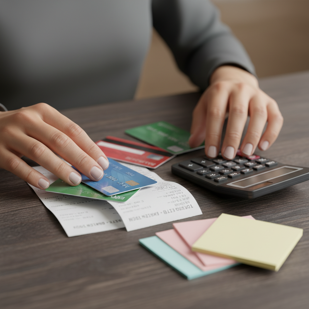 Close‑up of hands organizing credit cards, receipts, and a calculator for credit repair planning before incorporation