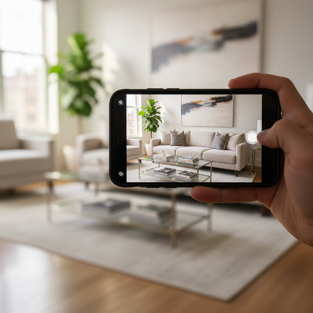 Close-up smartphone photographing staged living room for a property listing on Houseup, illustrating how to sell your home without realtor fees