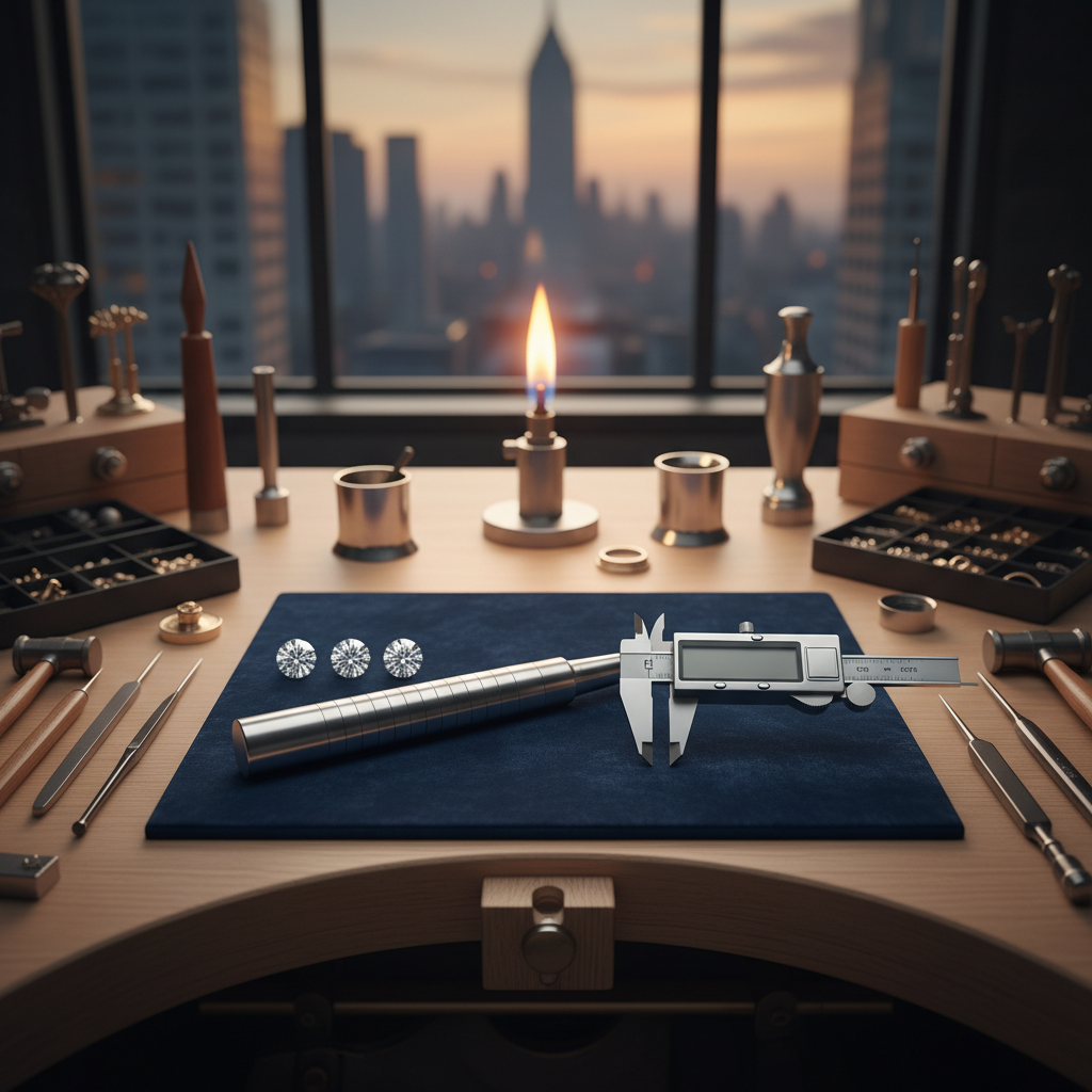 Top-down jeweler’s workbench in Manhattan with calipers measuring three loose diamonds for a three-stone ring layout