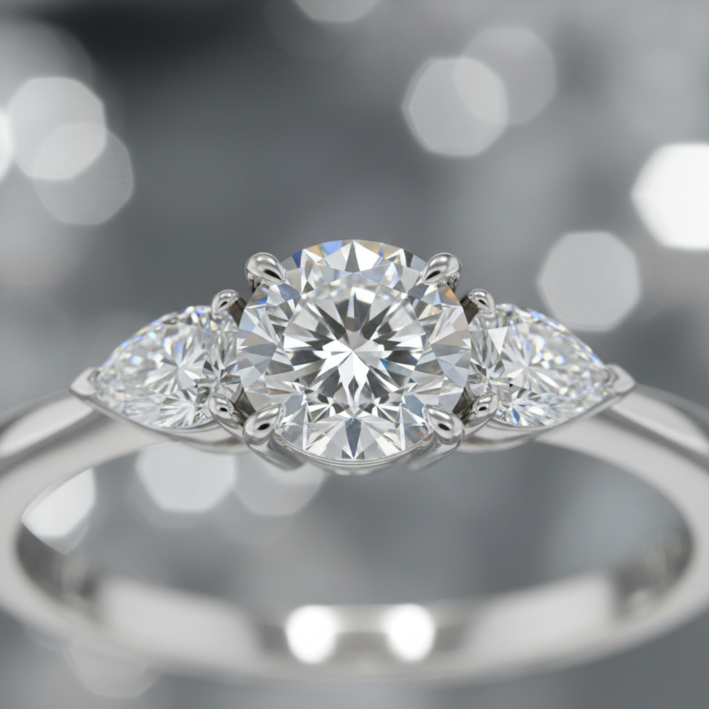 Macro close-up of a three-stone diamond ring detail with a round center and pear side stones, prong-set in 14k white gold