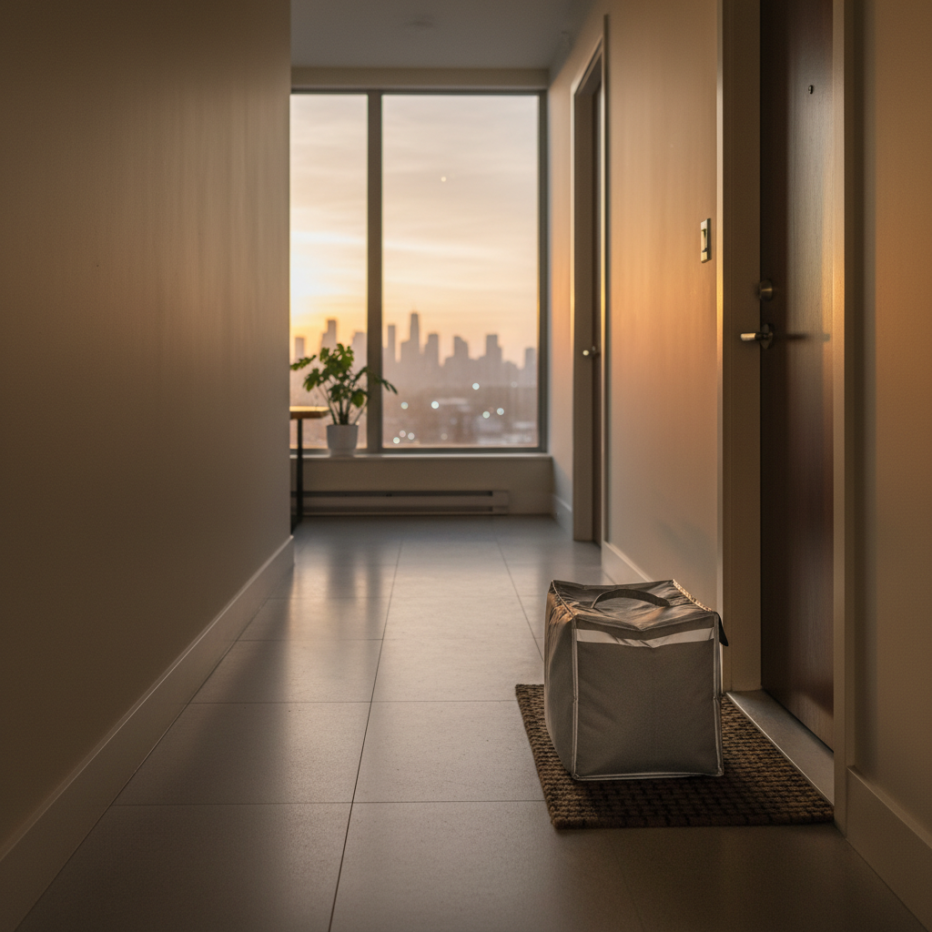 Early morning hallway delivery scene with an insulated meal bag at a condo doorstep in Toronto, illustrating BiteBox’s morning delivery window for bodybuilding meal prep