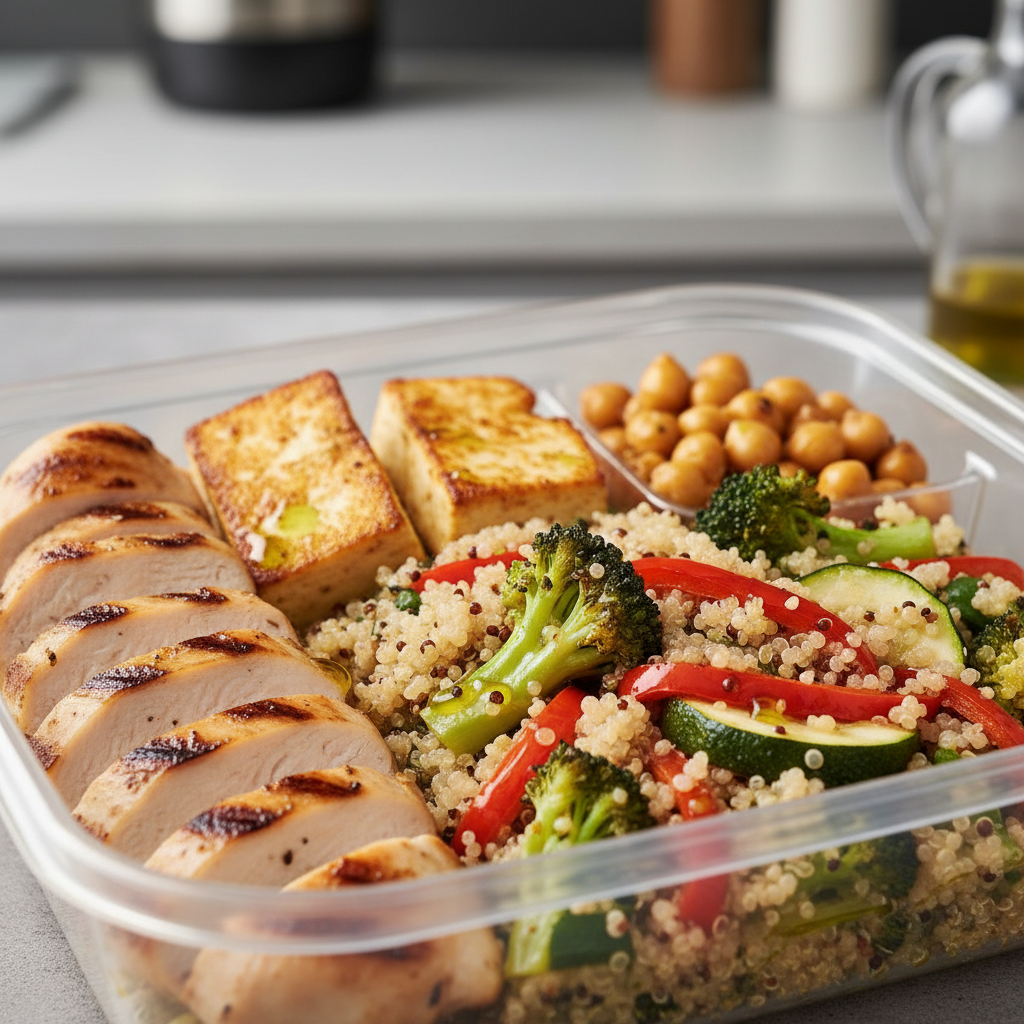 Close-up of a high-protein Indian-inspired meal prep container with grilled chicken, paneer, quinoa, roasted vegetables, and chickpeas — macro-friendly bodybuilding meal in Toronto