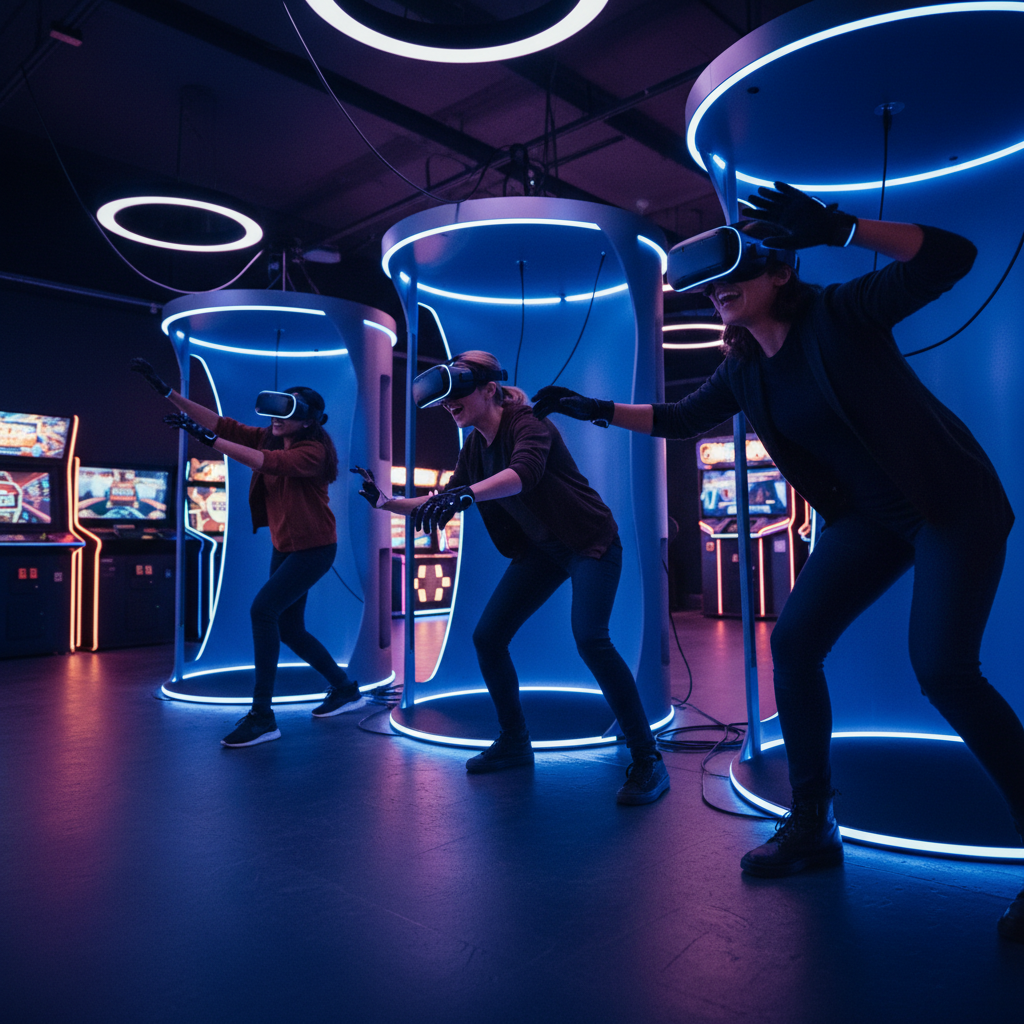 Family team collaborating in a VR escape room at a London Ontario arcade