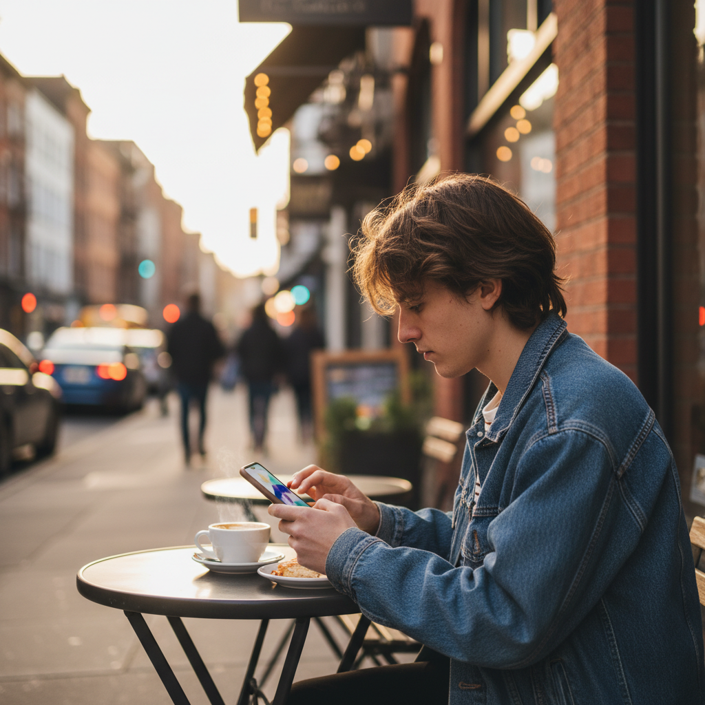 Local customer at outdoor cafe browsing phone after seeing a Google Business Profile post