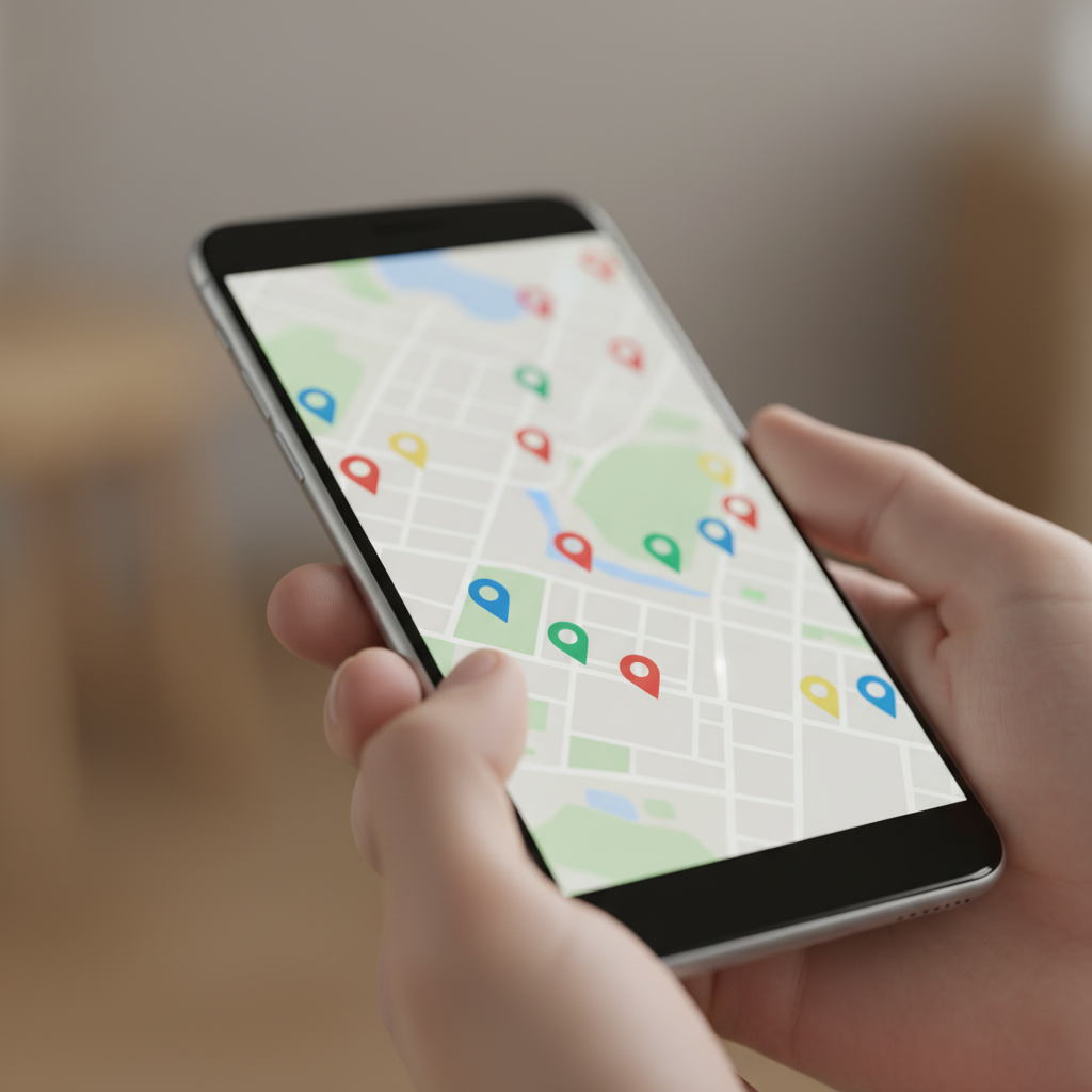 Close-up smartphone with map pins illustrating Google Business Profile posts and local discovery
