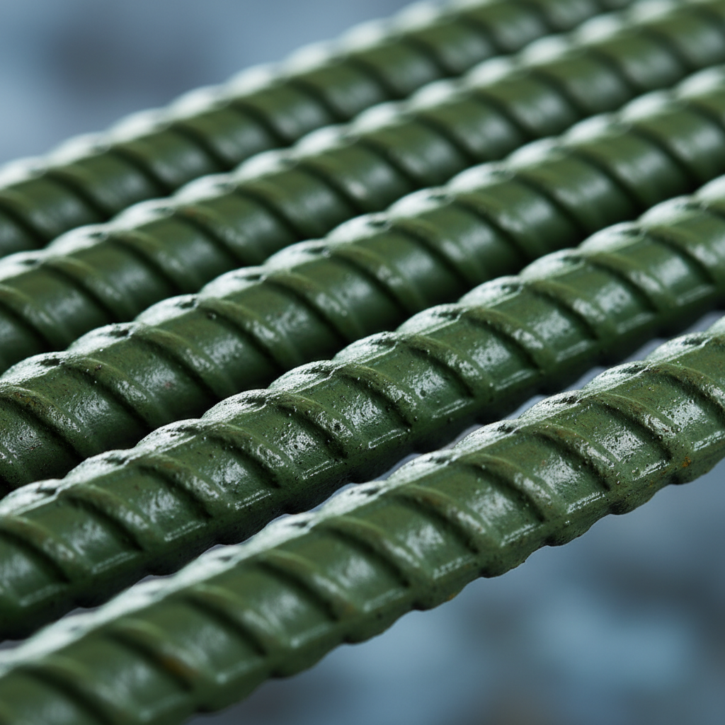 Close-up of epoxy-coated reinforcing steel bars showing rib pattern and protective green coating for corrosion resistance