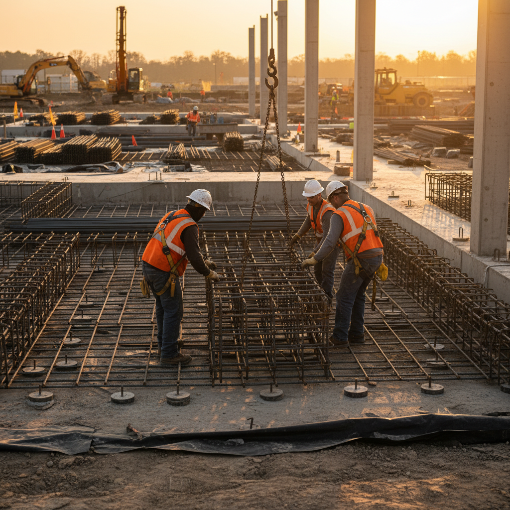 Ironworkers placing tied rebar cages for a commercial slab with proper spacers and safety gear, illustrating on-site assembly best practices