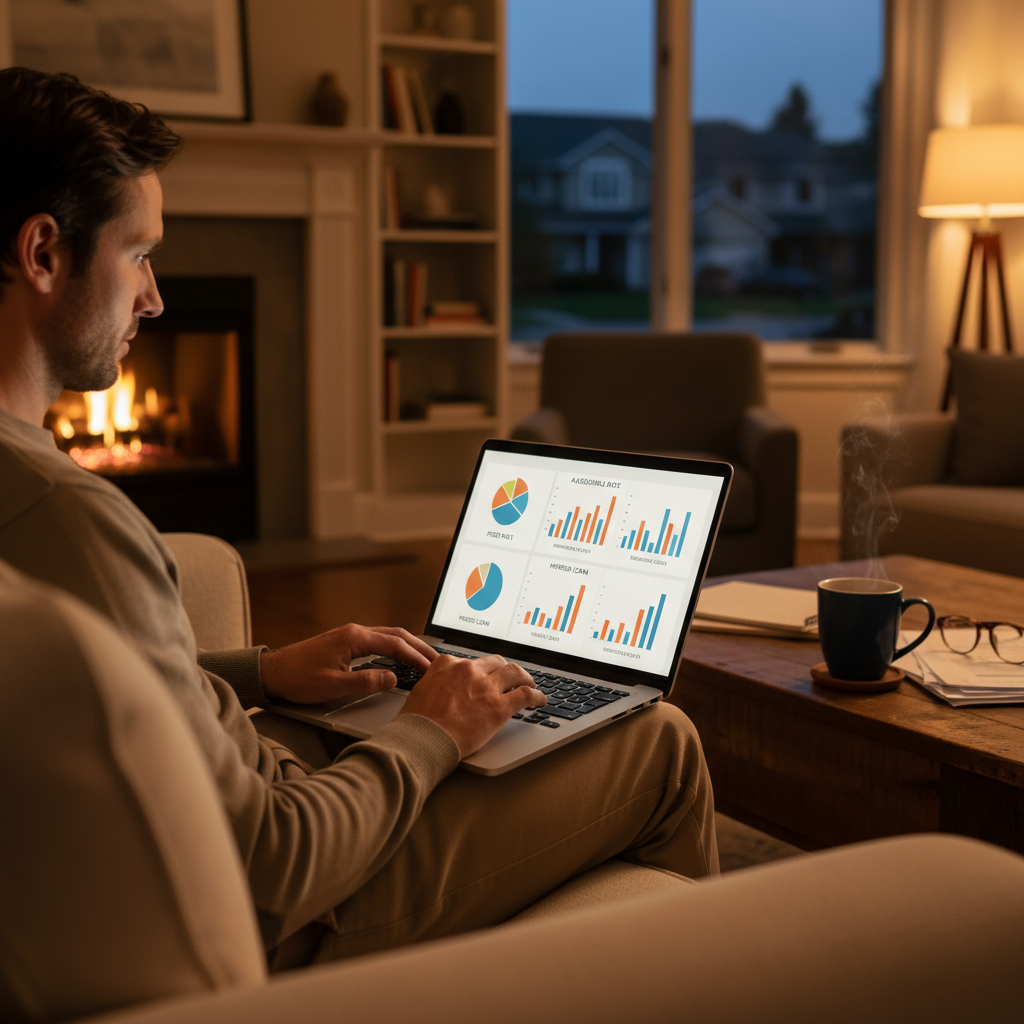Evening scene of person comparing home loan options online at home, representing a digital-first mortgage process