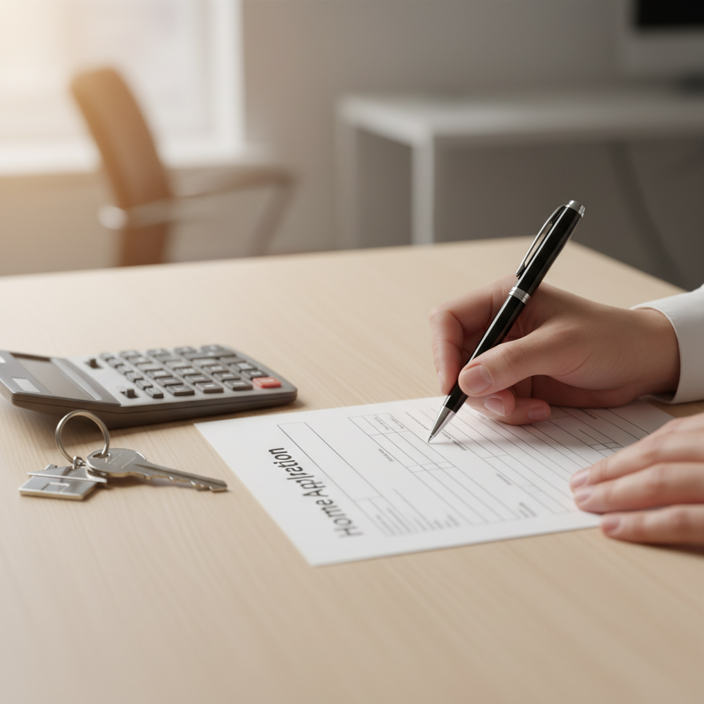 Close-up of hands signing a mortgage application with keys and calculator, illustrating end-to-end mortgage support process