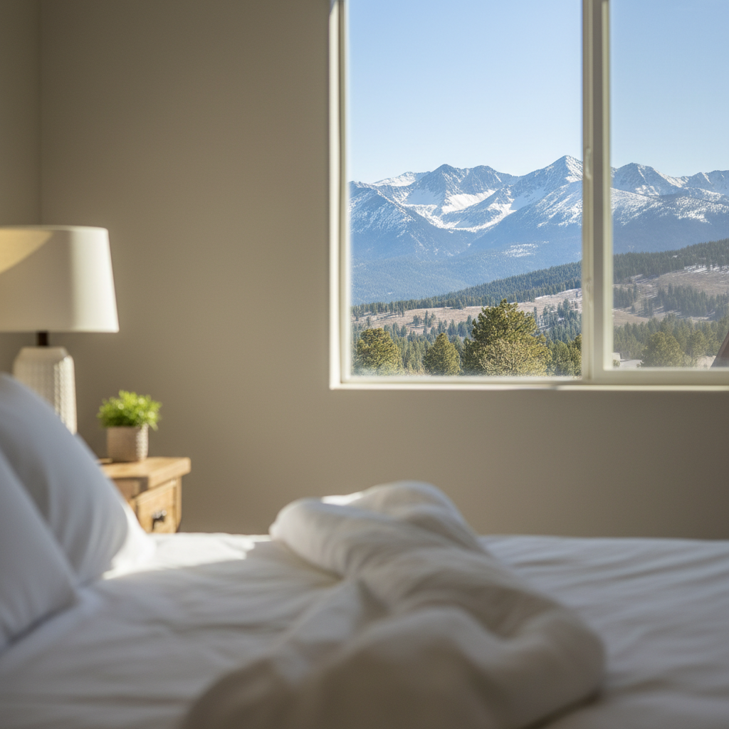 Renovated mountain view room interior with open window framing the White Mountains at Briarcliff Motel