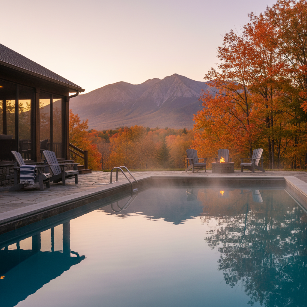 Heated outdoor pool at Briarcliff Motel with mountain view and enclosed porch seating, ideal for family-friendly North Conway lodging