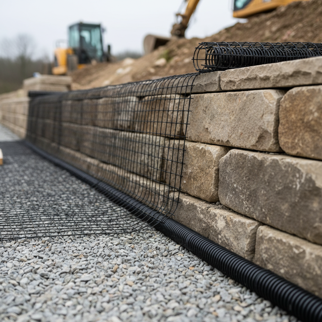 Close-up of retaining wall construction details: compacted gravel base, perforated drain pipe, geogrid reinforcement, and aligned block caps for durable retaining wall design in Mississauga
