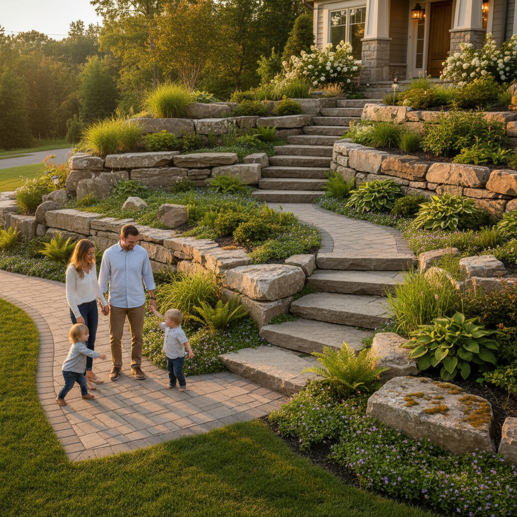 Tiered stone retaining wall with integrated steps and interlocking paver walkway at golden hour, showcasing professional retaining wall design and landscaping in the GTA