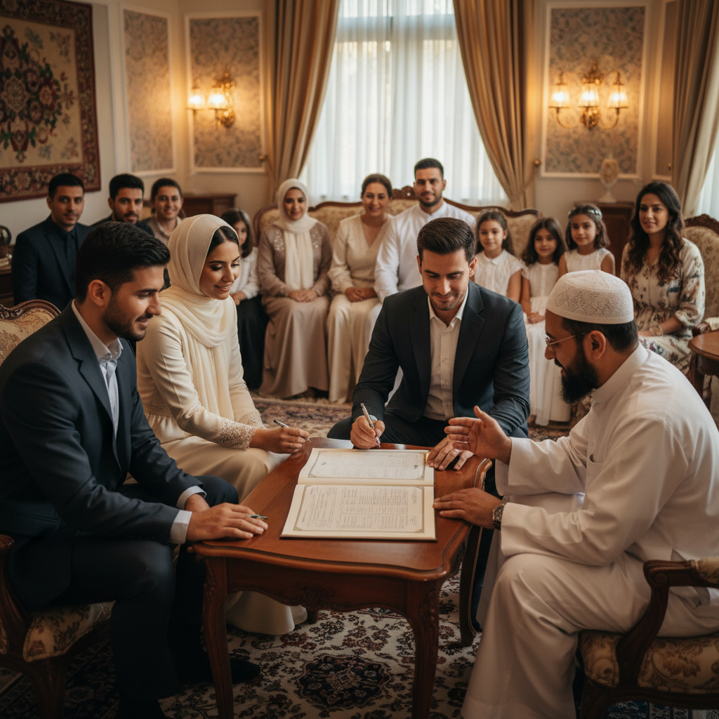 Intimate London nikkah ceremony with imam guiding couple and witnesses