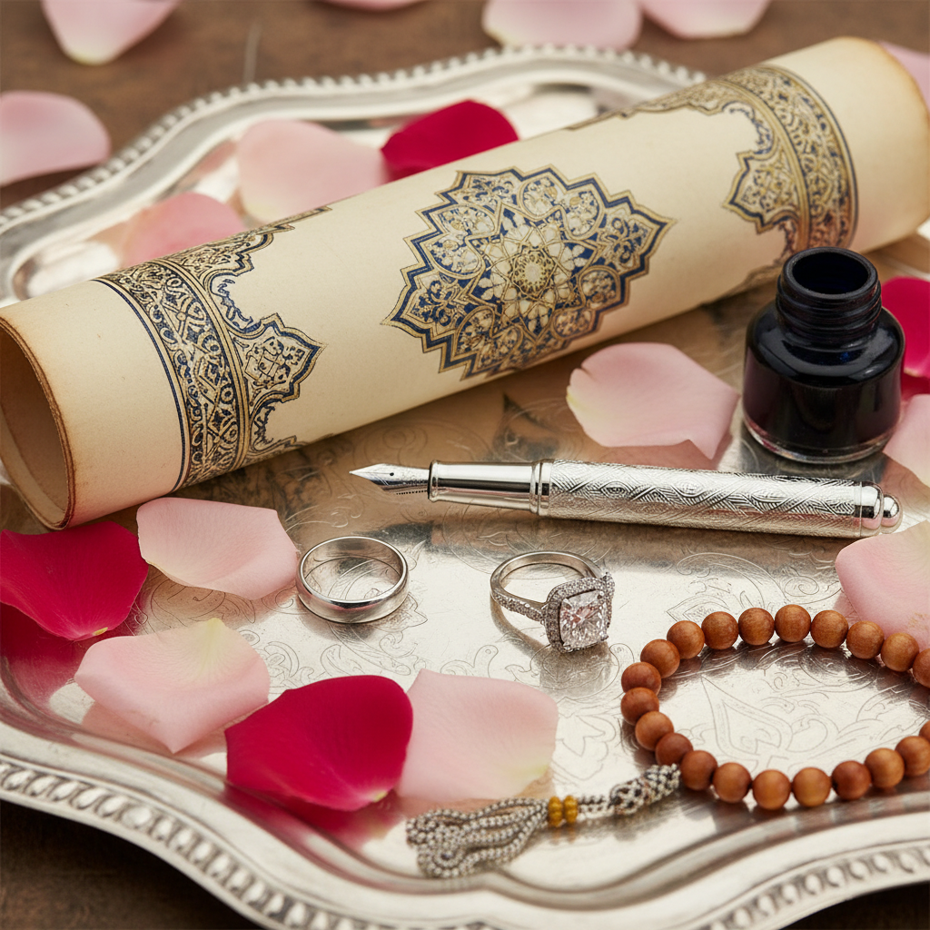 Close-up of nikah-nama, rings, and prayer beads for nikkah ceremony planning checklist