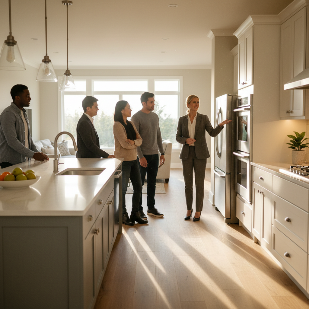 Home showing in a bright open-concept kitchen, buyers touring while agent highlights features during the home selling process
