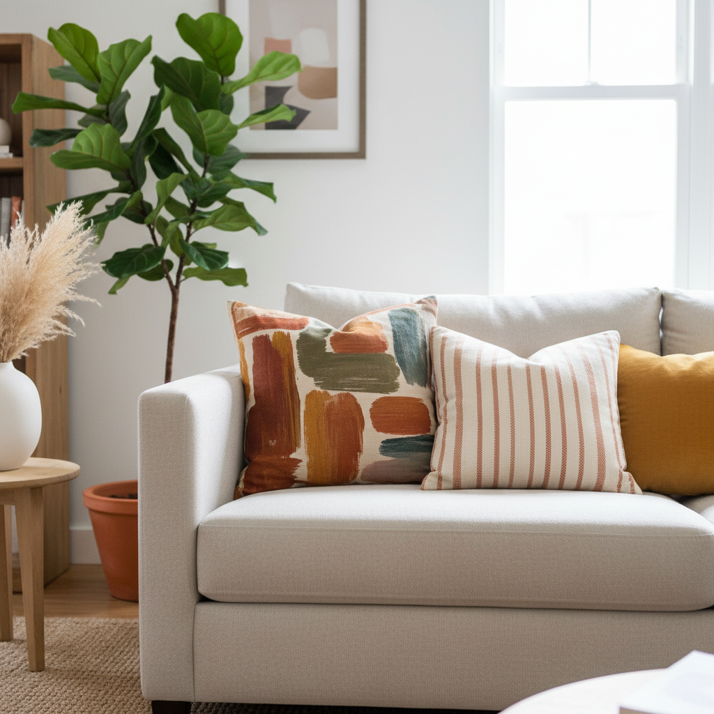 Staged living room detail in Mississauga home, showing neutral decor and bright sightlines for a step-by-step home selling process