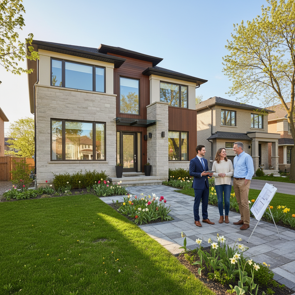 Modern Mississauga home exterior with real estate agent and homeowners discussing a step-by-step home selling process
