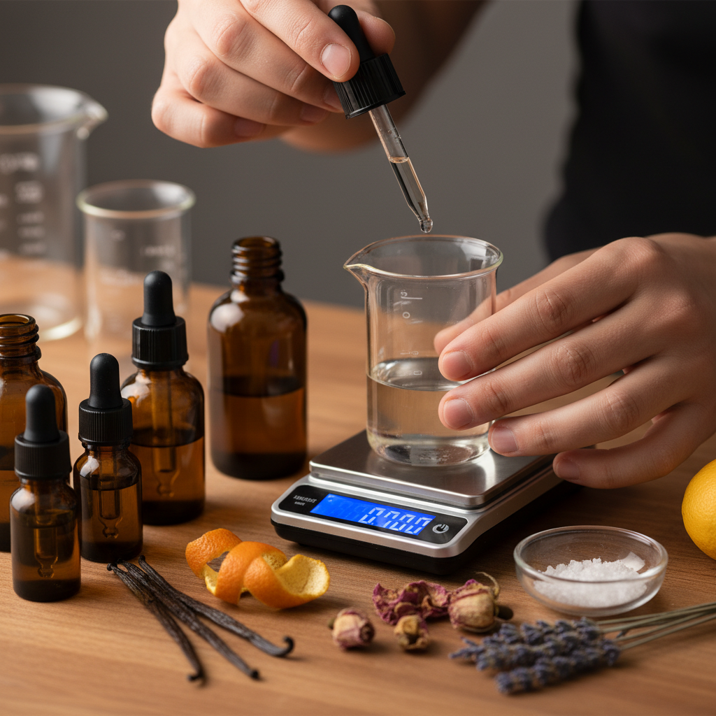 Close-up of the perfume craftsmanship process showing a perfumer pipetting essential oils into a beaker on a digital scale