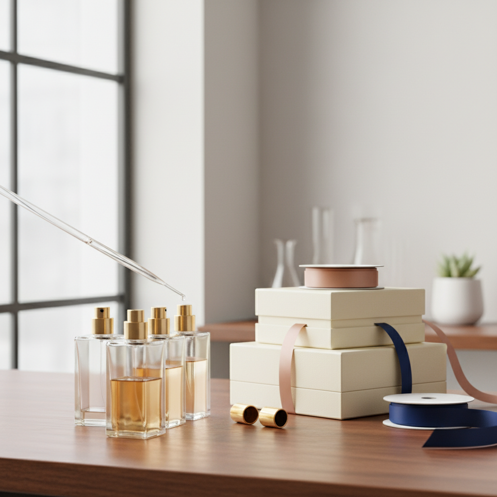 Small-batch perfume bottling and gift-ready packaging illustrating the final steps of the perfume craftsmanship process
