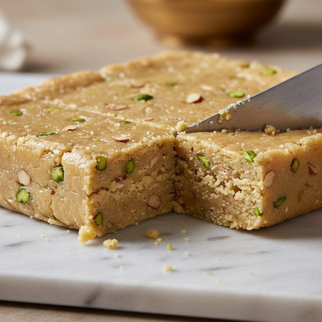 Close-up of pistachio and almond barfi being cut, showing glossy desi ghee sheen and fine nut texture, illustrating halwai craftsmanship