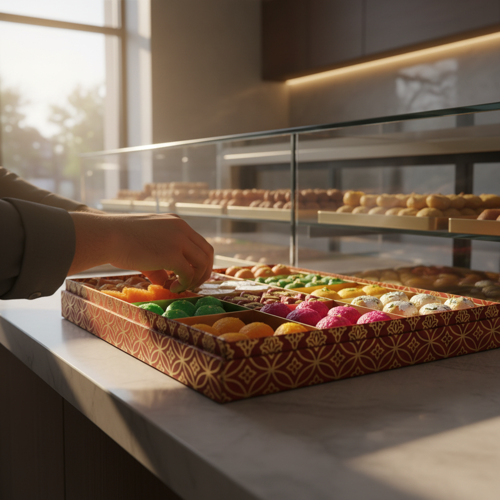 Elegant gift-ready mithai box assortment arranged at a sweets counter in Brampton, reflecting premium mithai heritage