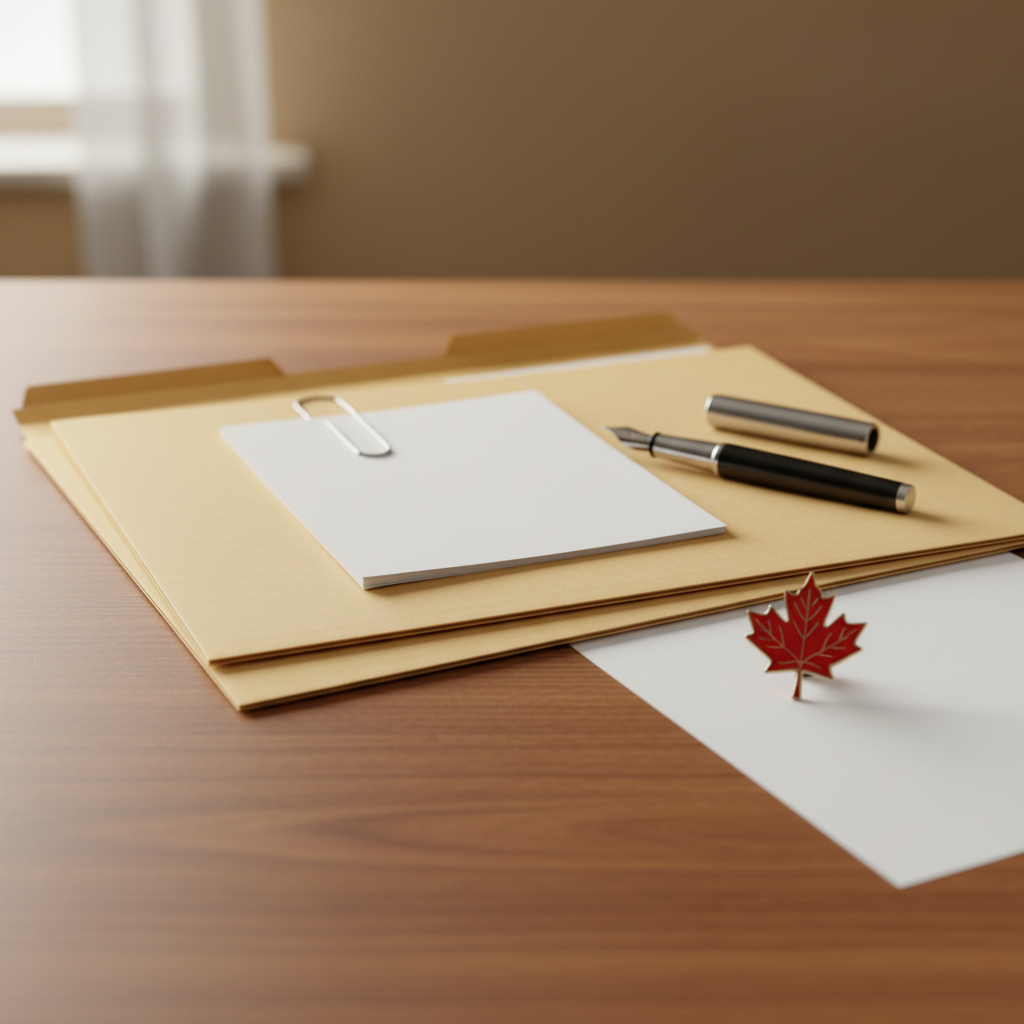 Close-up of organized Canadian immigration application materials for the Provincial Nominee Program, showing folders, maple leaf pin, and pen for documentation readiness