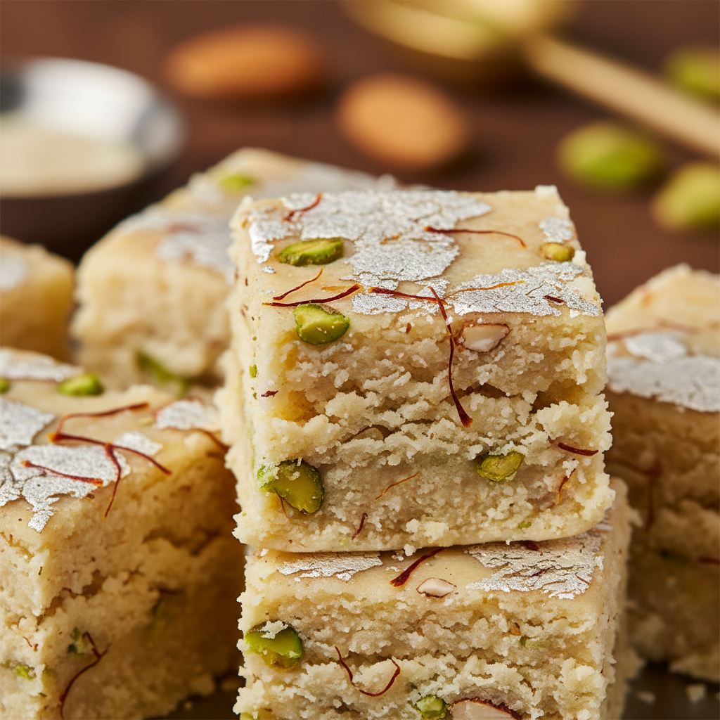 Close-up of pistachio and almond barfi texture showing creamy milk-based sweets detail