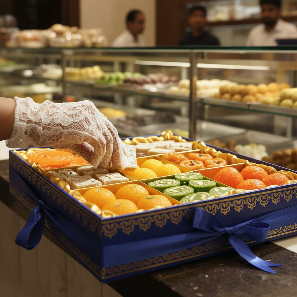 Elegant gift box being filled with assorted barfi varieties for Brampton celebrations