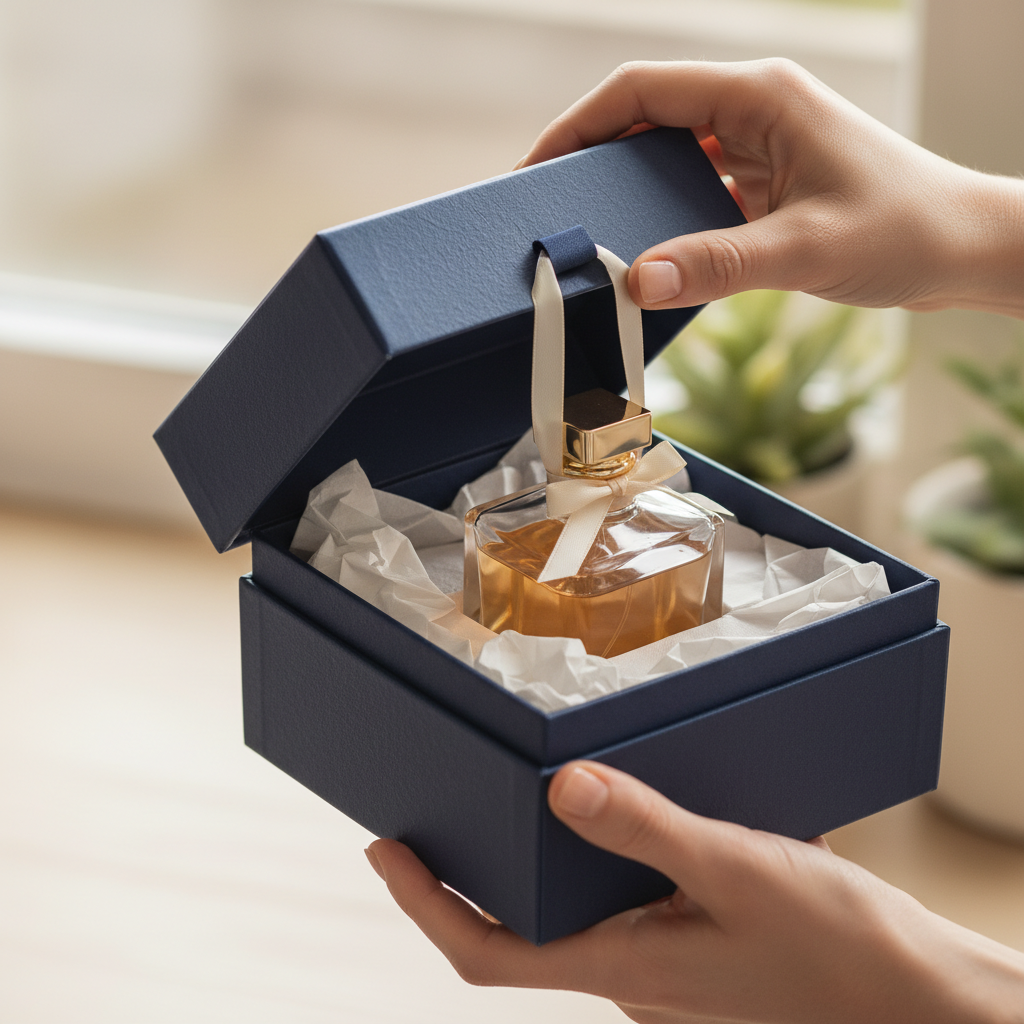 Close-up unboxing of gift ready perfume packaging with magnetic box, satin ribbon, and molded insert protecting a glass bottle