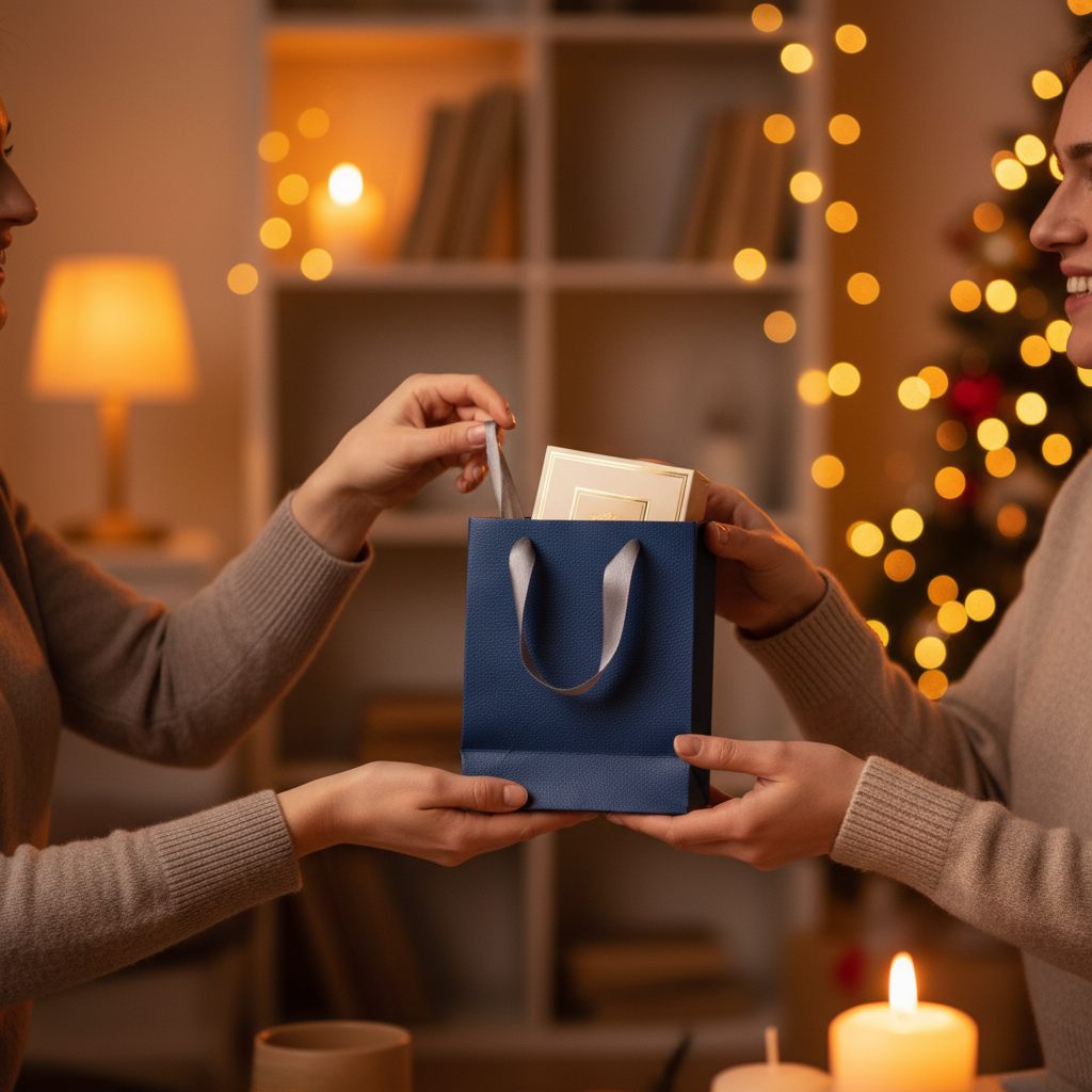 Perfume gift exchange scene with premium gift bag and boxed fragrance, showing polished, ready-to-gift presentation