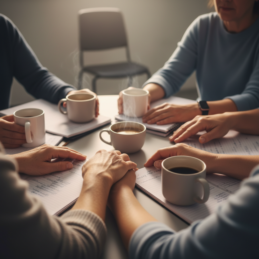 Detail of hands in a Suboxone support group circle practicing accountability and coping skills in Ontario clinic