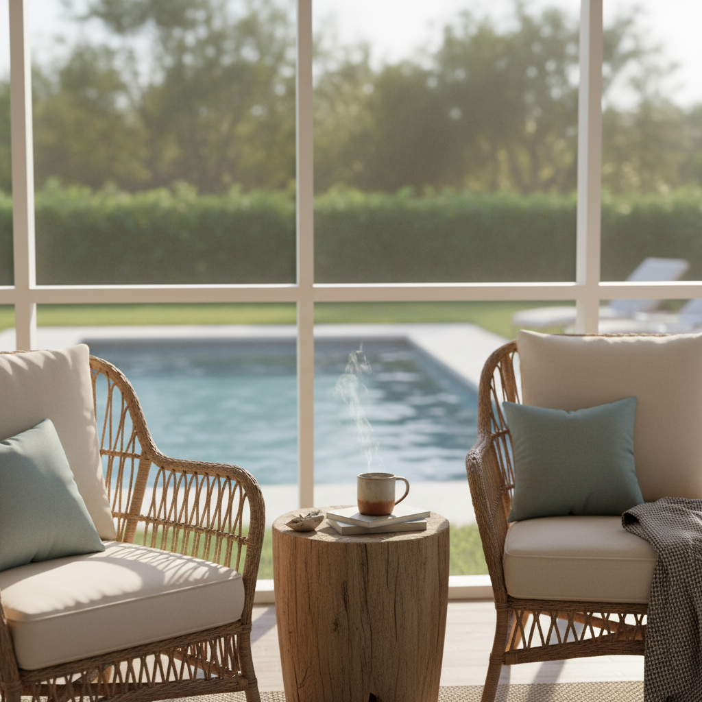 Close-up of enclosed porch lodging detail with wicker chairs, warm cushions, and a view toward a heated outdoor pool in North Conway