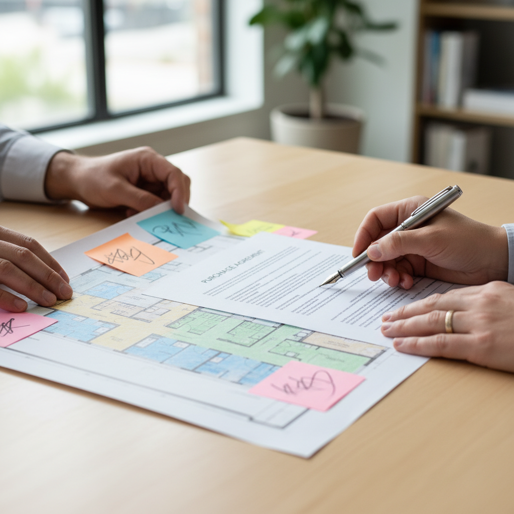 Reviewing Brampton pre-construction floor plans and purchase agreement documents with a realtor in the GTA