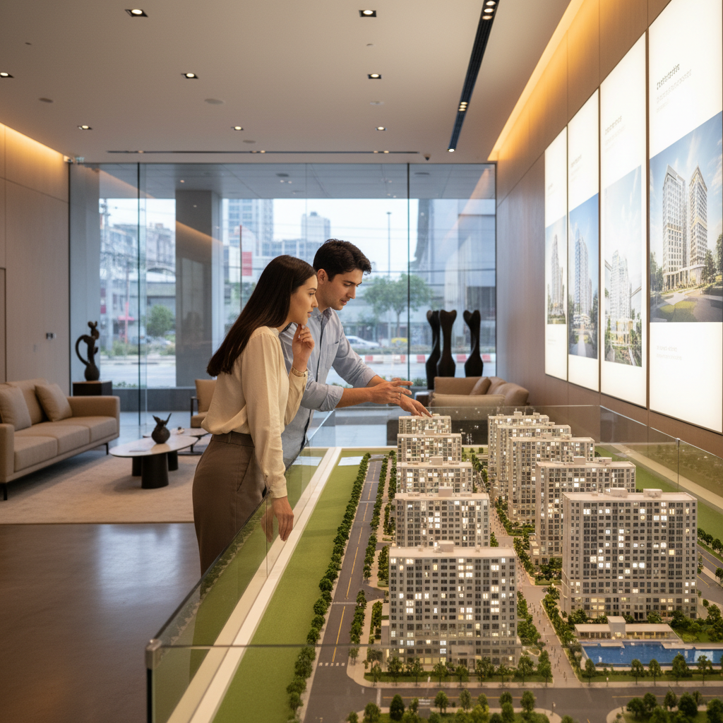 Brampton pre-construction sales center with a couple and agent reviewing a condo scale model in the Regional Municipality of Peel