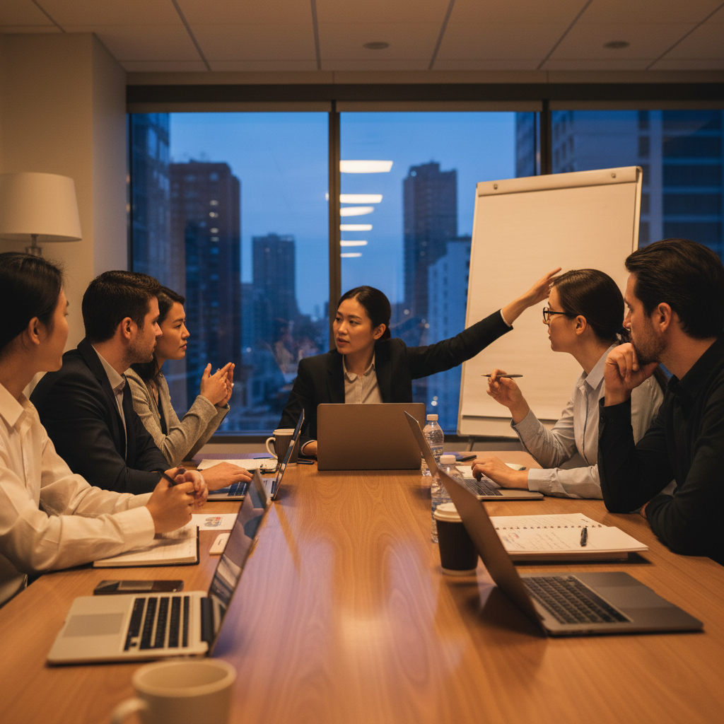 Team collaborating on AI search visibility strategy in a modern office, representing UpliftAI execution engine workflows