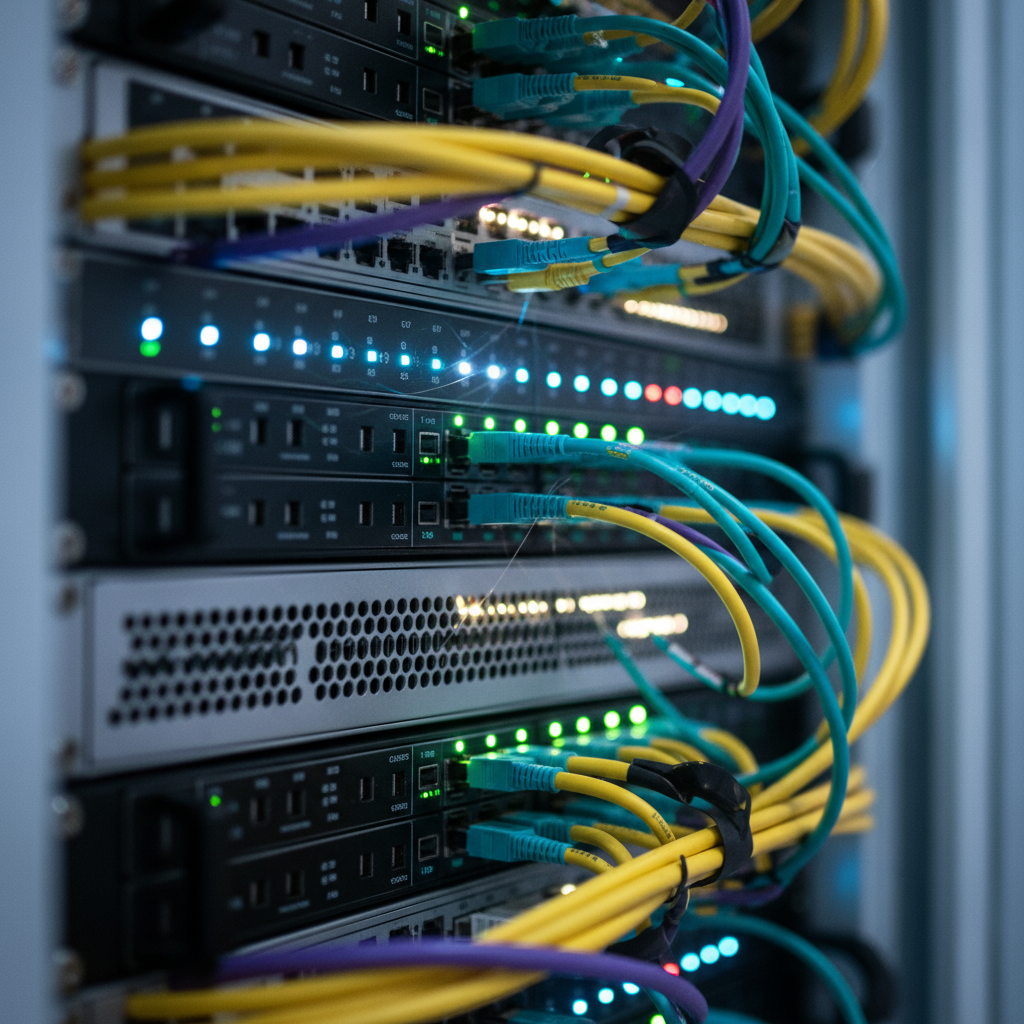 Close-up of server rack and fiber optics representing AI search visibility infrastructure and data flow
