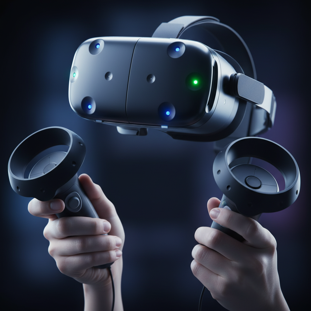 Close-up of HTC Vive Pro headset and motion controllers highlighting haptic and tracking clues in VR escape rooms