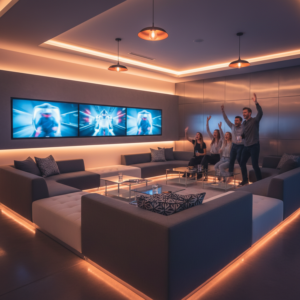 Private party room with lounge seating and wall-mounted TVs at The Next Level for group VR escape room strategy and viewing
