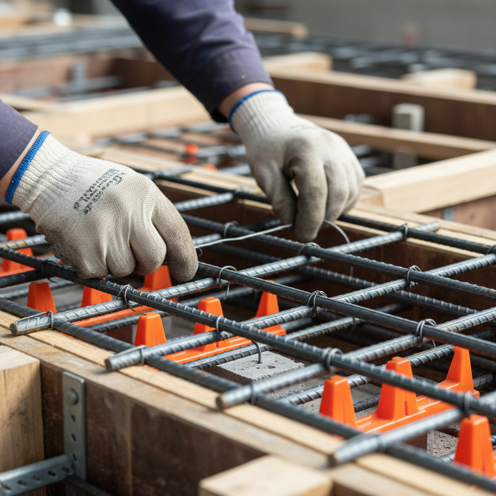 Close-up of subcontractor coordination in action: rebar installers tying reinforcing steel with tie wire, chairs, and spacers for a slab pour