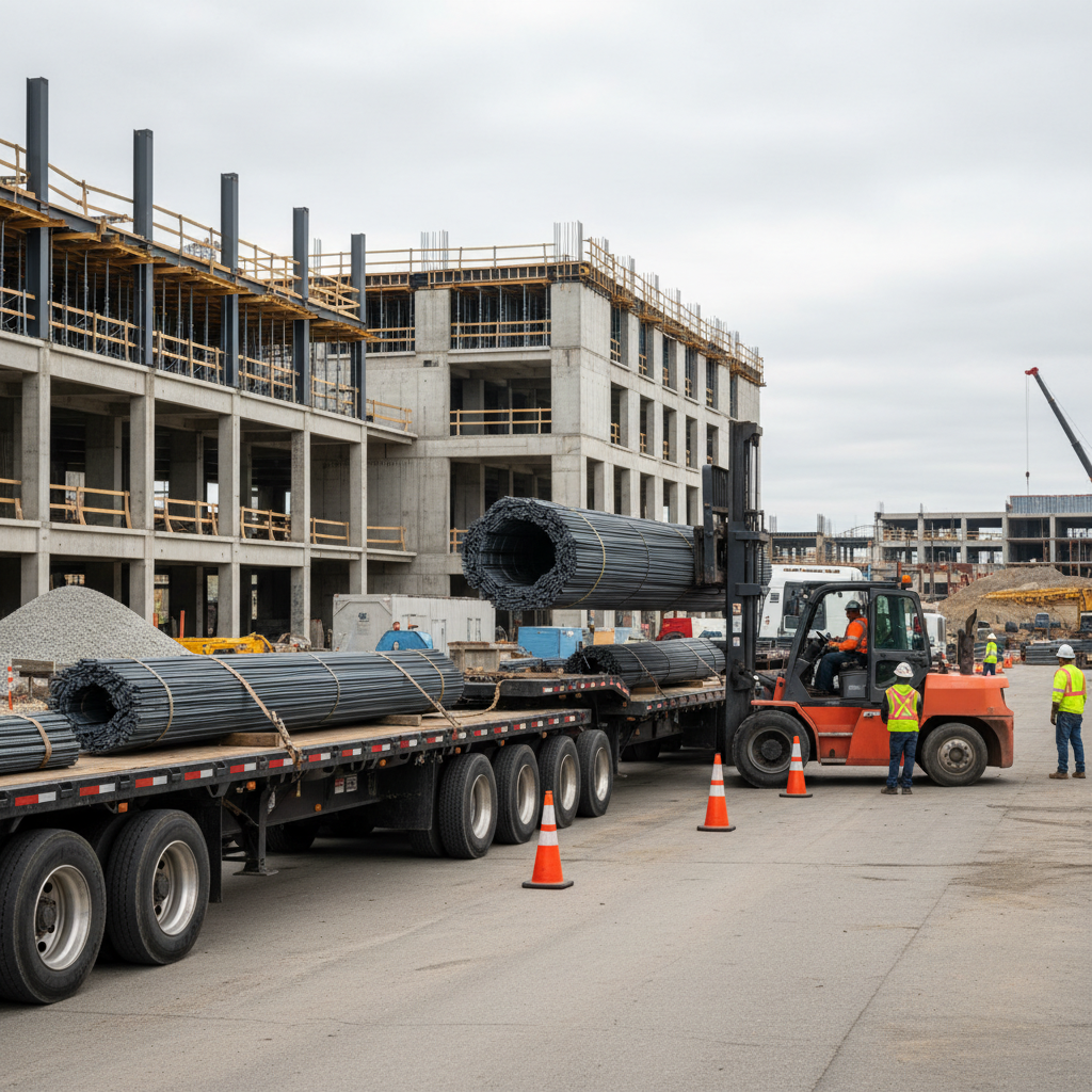 Flatbed trucking fleet delivering bundled reinforcing steel to a commercial jobsite as part of coordinated logistics planning