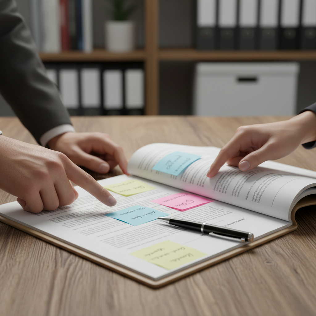Close-up of a commercial lease agreement template being reviewed with notes and a pen by a Toronto real estate lawyer