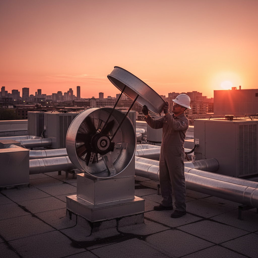 Rooftop exhaust fan on a restaurant with hinge kit installed and belt alignment check at sunset in Ontario
