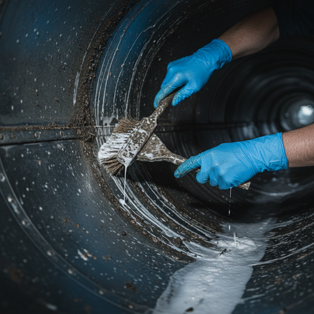 Close-up of restaurant ventilation duct cleaning to bare metal for hood compliance and airflow