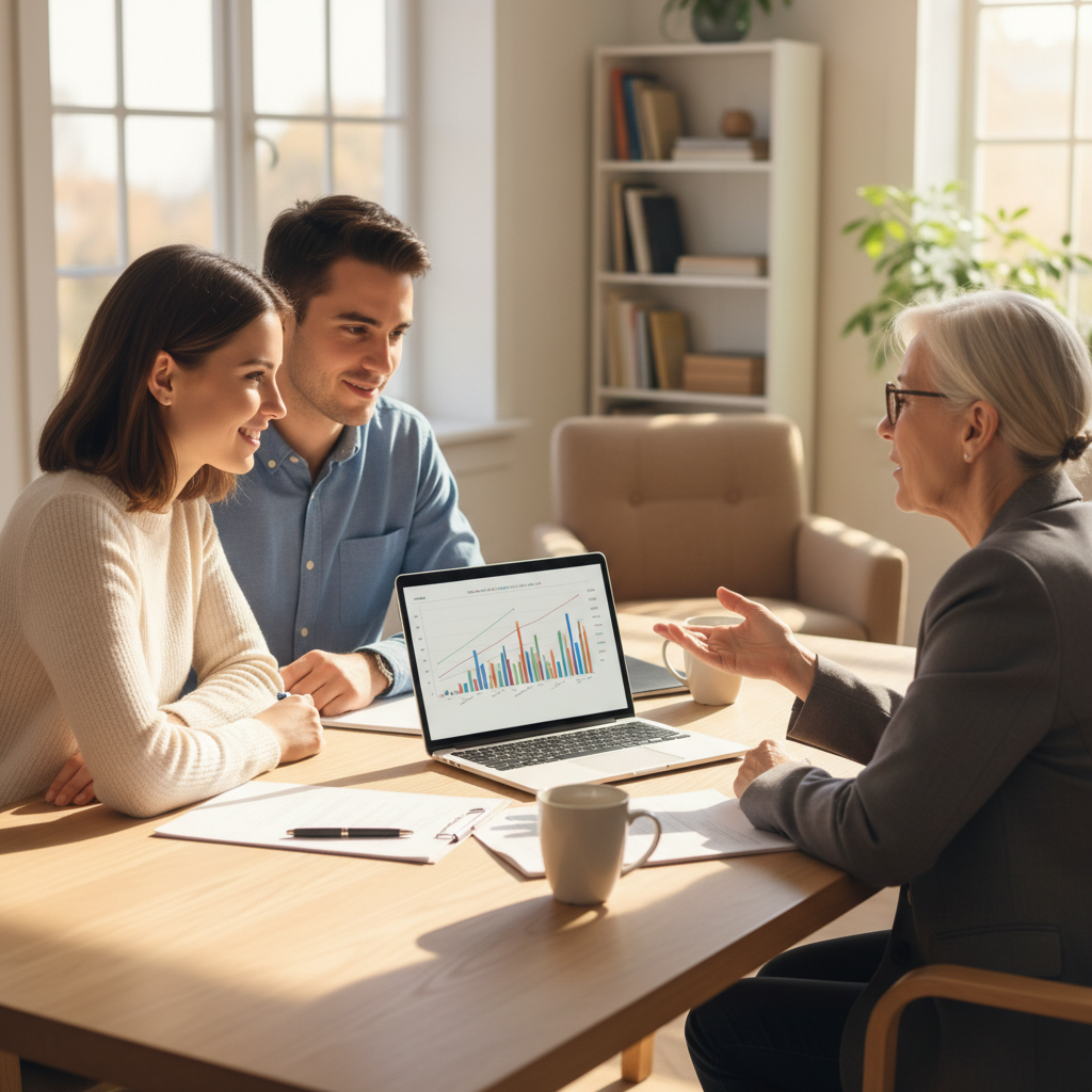 Home loan broker meeting with clients, illustrating expert home loan guidance and Australian mortgage market trends 2024 decision-making