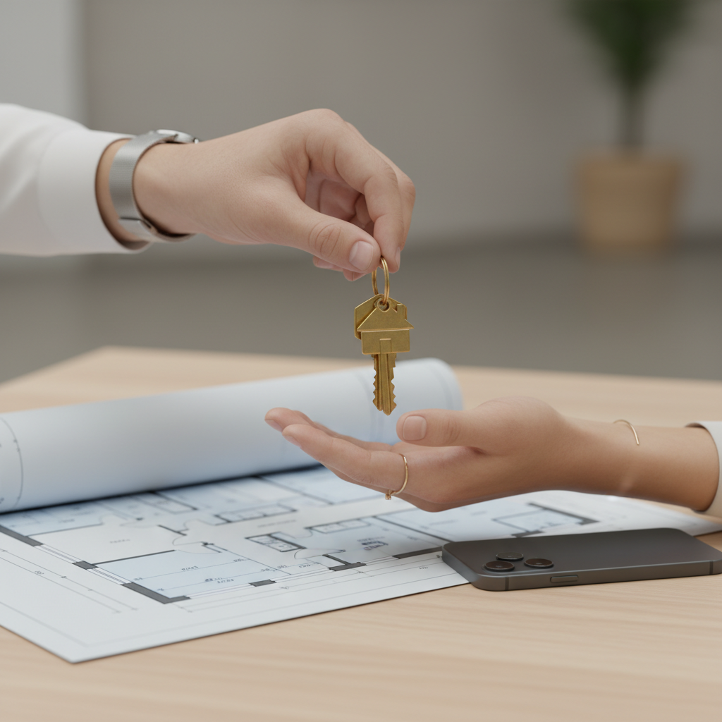 Close-up of keys exchanged over a floor plan, illustrating secure real estate transactions and direct buyer connection on Houseup