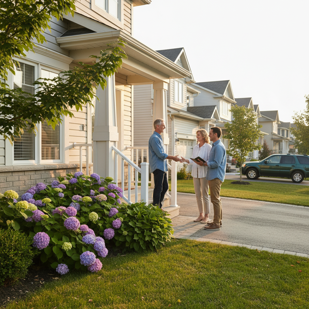Homeowner greeting buyers at the door at golden hour, representing scheduled viewings and warm, direct buyer engagement on Houseup