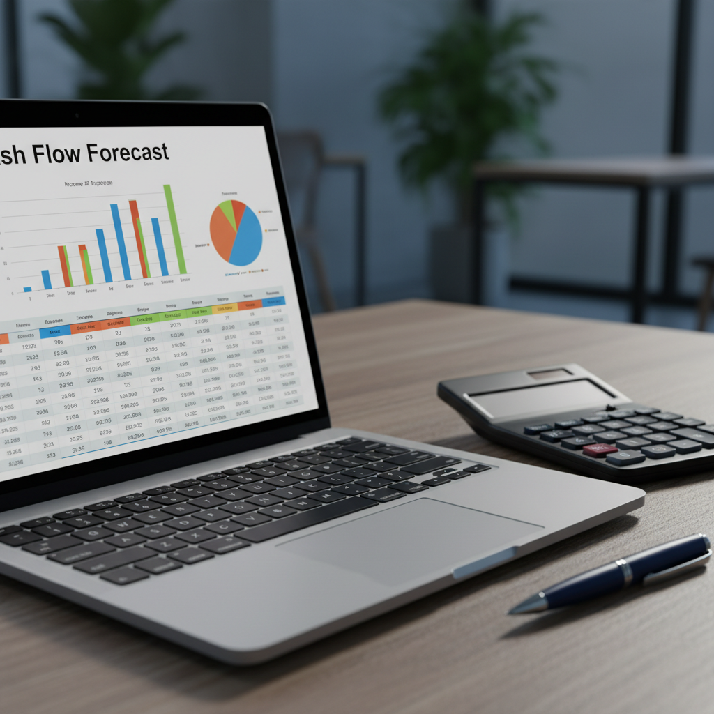 Close-up of laptop with cash flow forecast spreadsheet and calculator, illustrating cash flow forecasting methods with charts and schedules